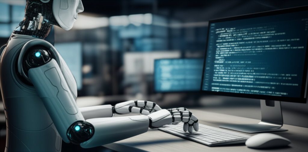RPA automation robot working on a computer screen showing workflow automation